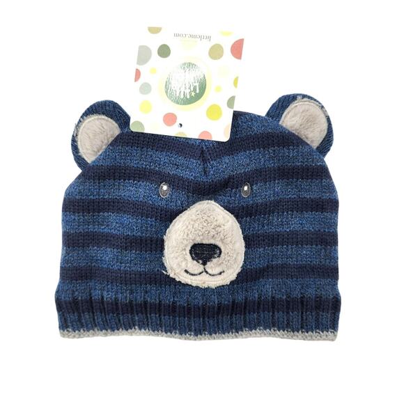 Little Me Infant Blue Stripe Cable Knit Bear Beanie Hat/Mittens Set Size 12-24M - Picture 1 of 4